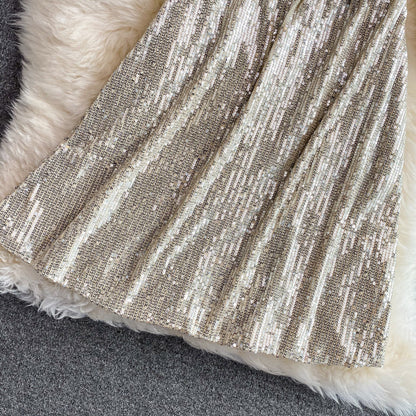 Celebrity light luxury Sequin short high-end V-neck dress  3068