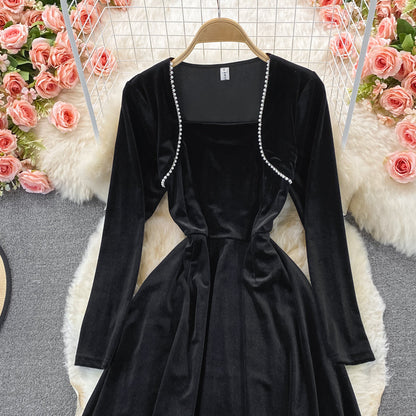 Hepburn style waist closed to show thin temperament, large swing skirt  3237
