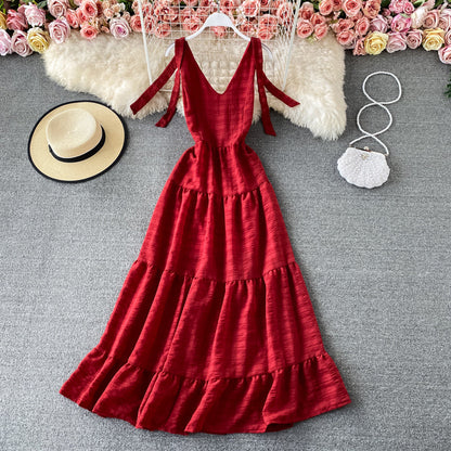 Seaside holiday V-neck backless dress  2935