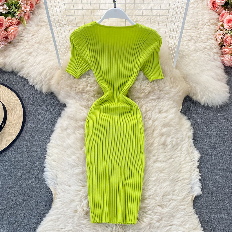 V-neck slim knit dress Hip Wrap  2973