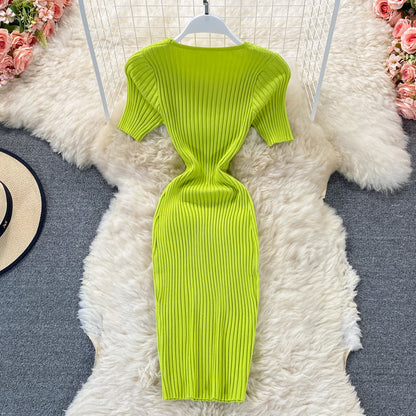 V-neck slim knit dress Hip Wrap  2973