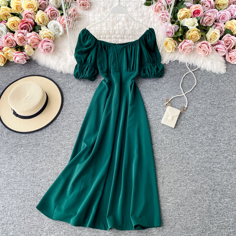 French retro square neck bubble Short Sleeve Dress  2877