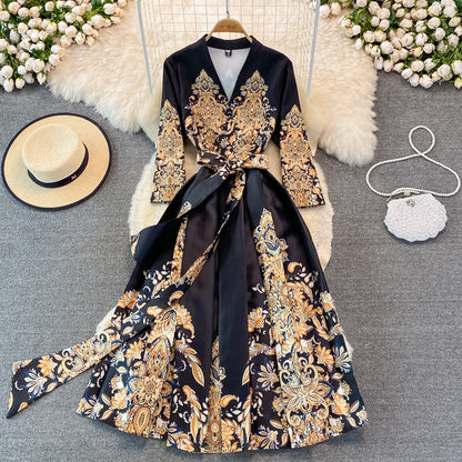 Court Vintage printed long sleeved dress with large swing  3382