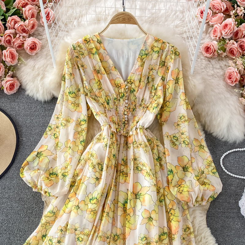 Bubble sleeve gentle wind sweet floral skirt  3265
