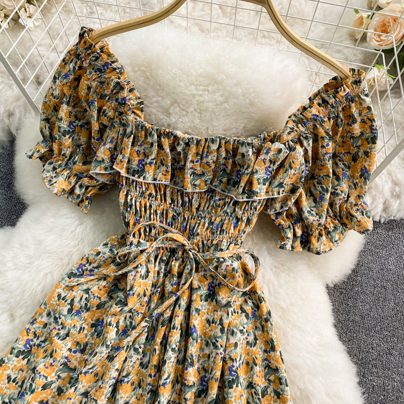 Slim waist with square neck bubble sleeve Floral Dress  3317