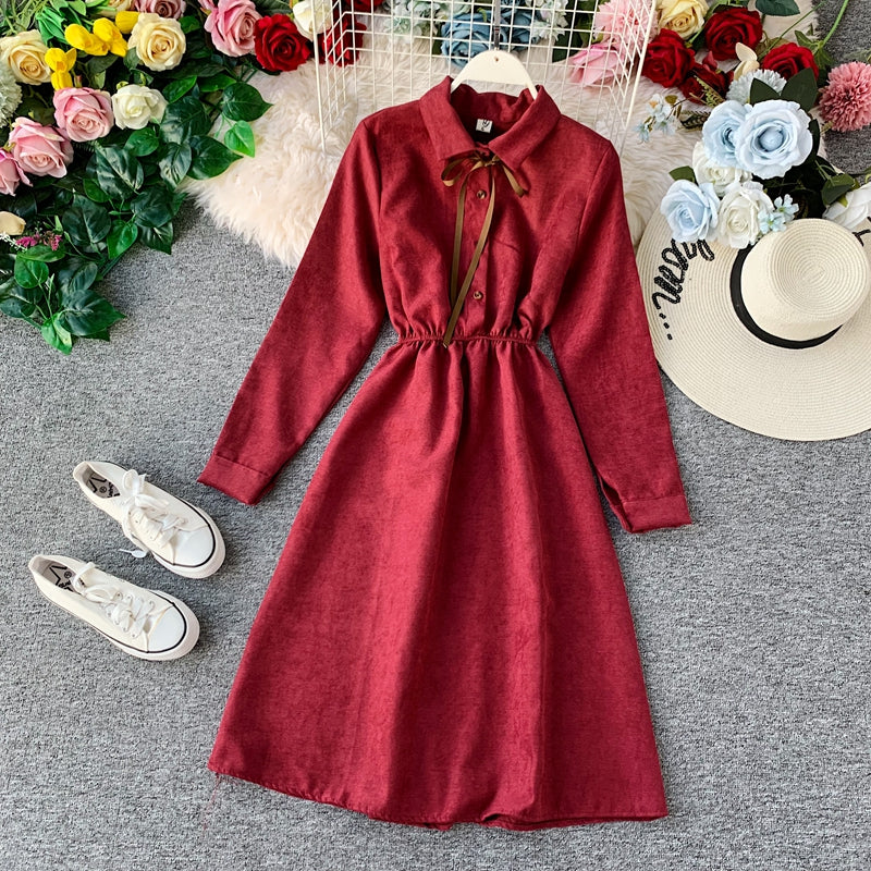 French retro super fairy waist skirt core velvet shirt dress  3401