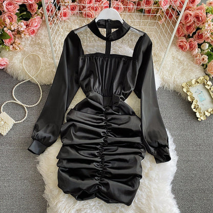 Gauze stitching thin pleated high cold imperial sister wind wrapped hip dress  3158