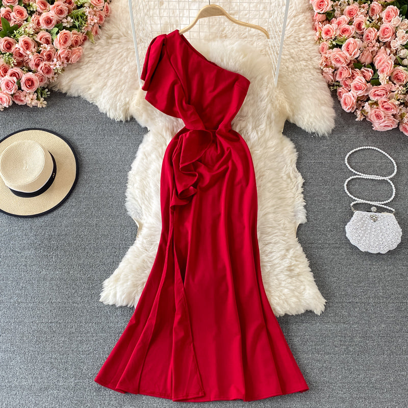 Sexy ruffled diagonal neckline backless dress  2974