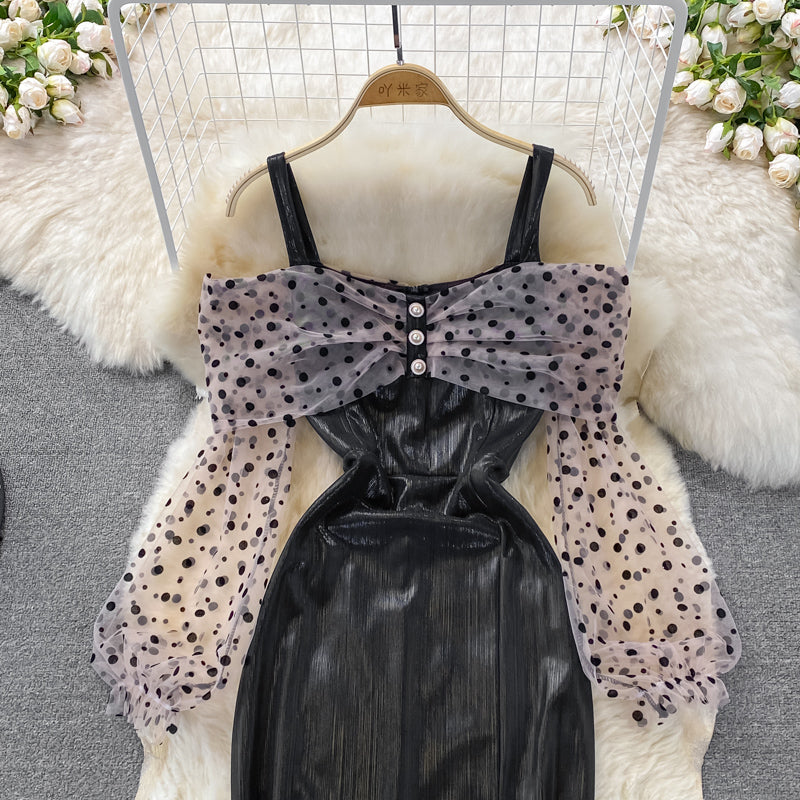 Metallic mosaic dot mesh suspender dress dress dress  3268