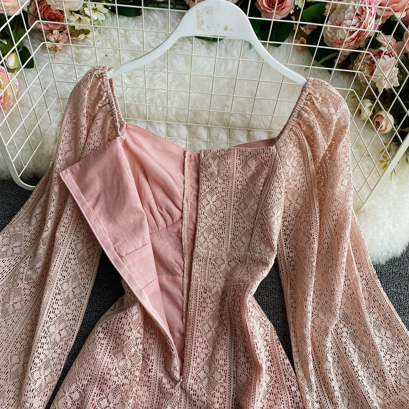 Long sleeved Square Neck Lace Dress with lantern sleeves at the waist  3155