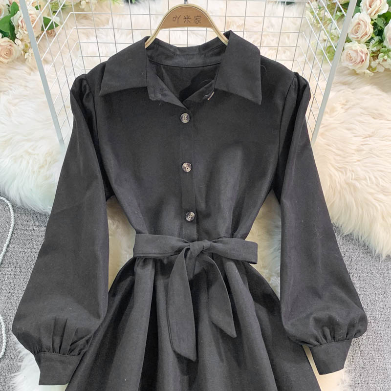 Bubble sleeve long sleeve Lapel corduroy dress  3393