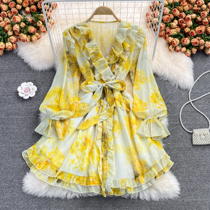V-neck ruffled Floral Chiffon Dress  2854