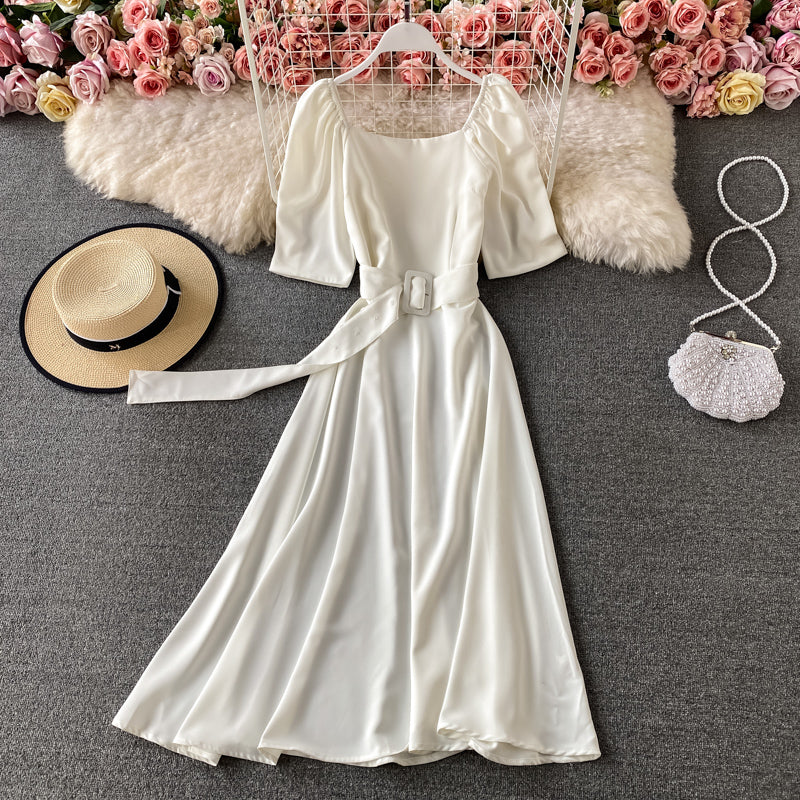 French square neck bubble sleeve lace up waist slim backless dress  3170