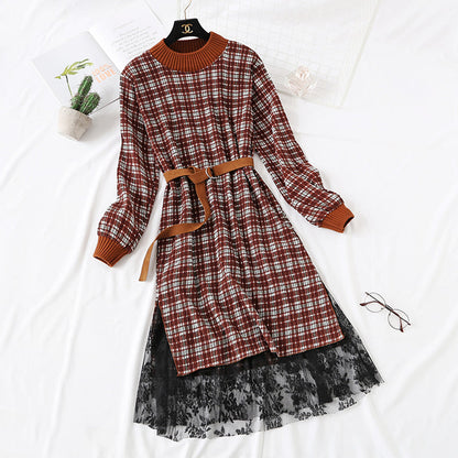 Polka Dot Plaid floral long skirt with lace bottom skirt is thin and tall  2460