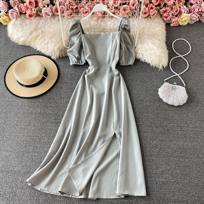 French retro square neck bubble sleeve waist slim dress  2940