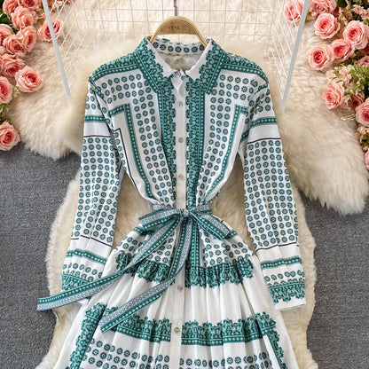 Gentle print lace up Lapel single breasted dress  3368