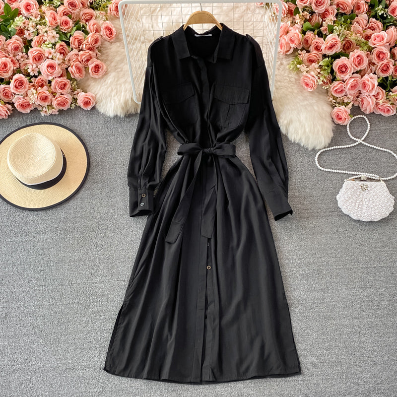 Loose and slim medium length single breasted Lapel dress  3245