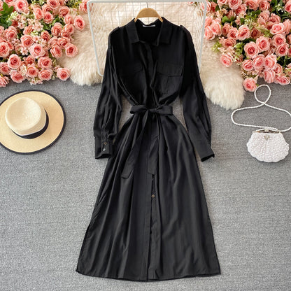 Loose and slim medium length single breasted Lapel dress  3245