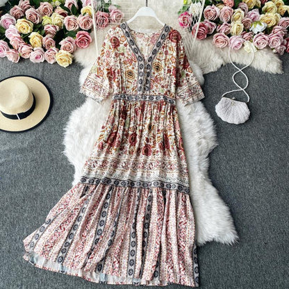 Ruffle floral dress big skirt holiday gentle wind long skirt  3141