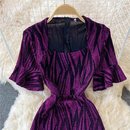 Temperament square collar bright silk slim fit split hip dress  3338