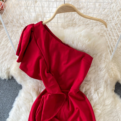 Sexy ruffled diagonal neckline backless dress  2974