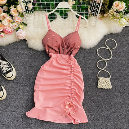 Suspender skirt low chest V-neck waist tight hip drawstring fishtail skirt  2931