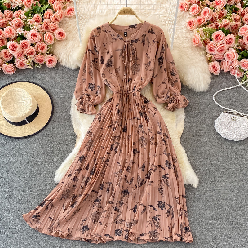 Round Neck Chiffon floral Pleated Dress  3364