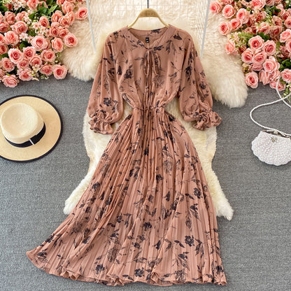 Round Neck Chiffon floral Pleated Dress  3364