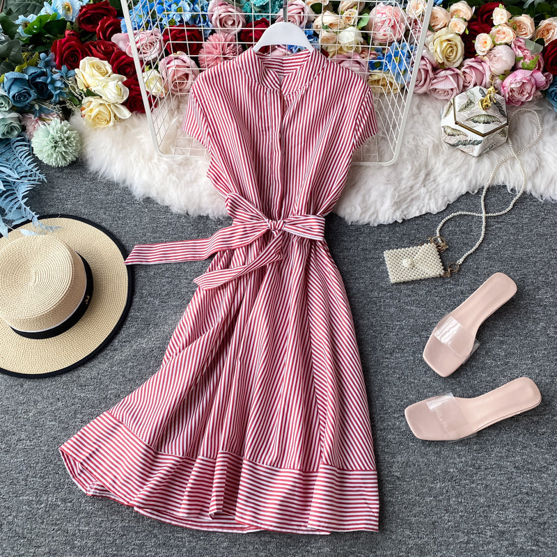 Striped light mature dress with slim waist  2947