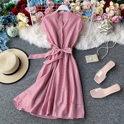 Striped light mature dress with slim waist  2947