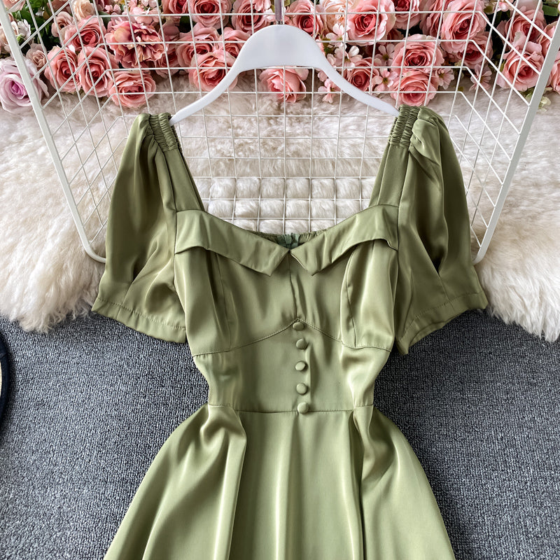 French waist closing slim bubble sleeve square neck dress  3168