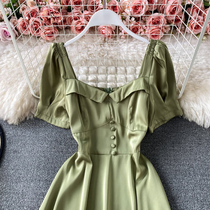 French waist closing slim bubble sleeve square neck dress  3168