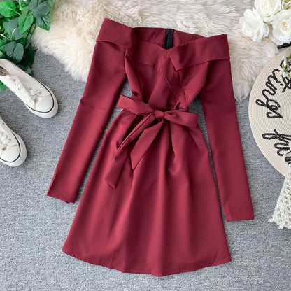 Sexy one line neck waist slim dress  2874