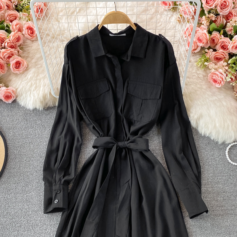 Loose and slim medium length single breasted Lapel dress  3245
