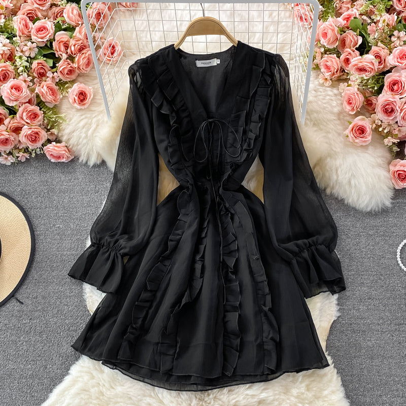 Long Sleeve Ruffle V-neck dress  3079