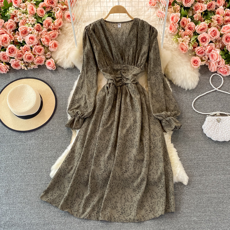 High waist slim V-neck bubble sleeve pleated Floral Dress  3363