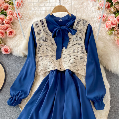 Korean long sleeved bow dress with slim waist  2862