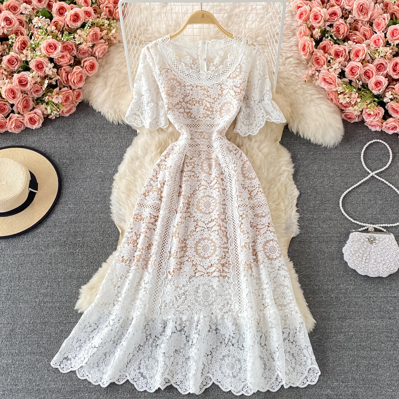 Crew neck water-soluble hollow out Lace Waist slim dress  3212