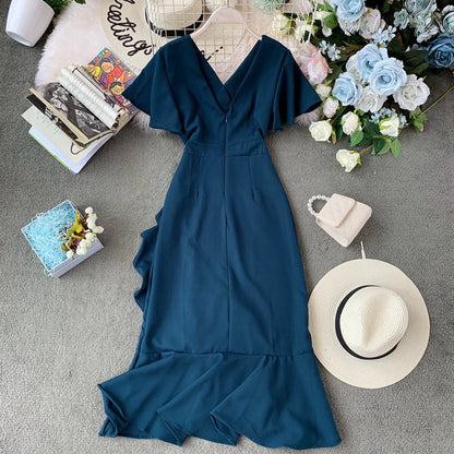Ruffle front short back irregular middle skirt irregular dress  3400