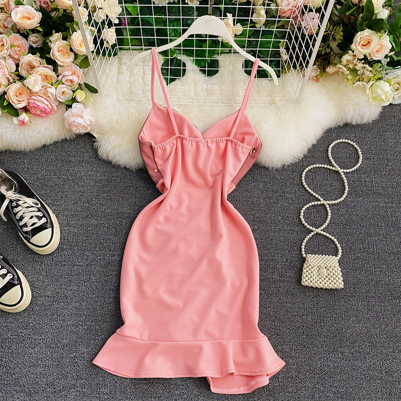 Suspender skirt low chest V-neck waist tight hip drawstring fishtail skirt  2931