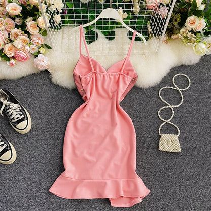 Suspender skirt low chest V-neck waist tight hip drawstring fishtail skirt  2931