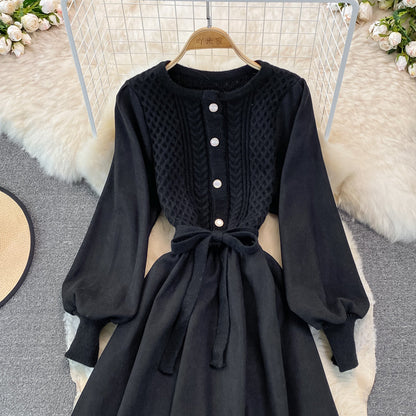 Crew neck twist knit stitched dress  3267