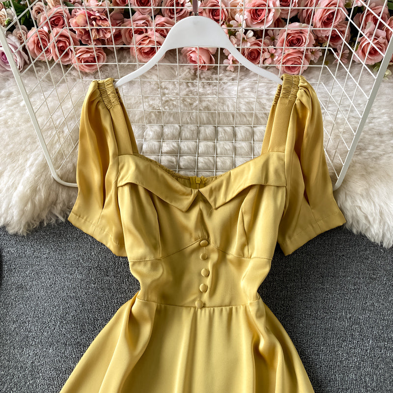 Slim waist, foreign style, bubble sleeve, square neck dress  3045