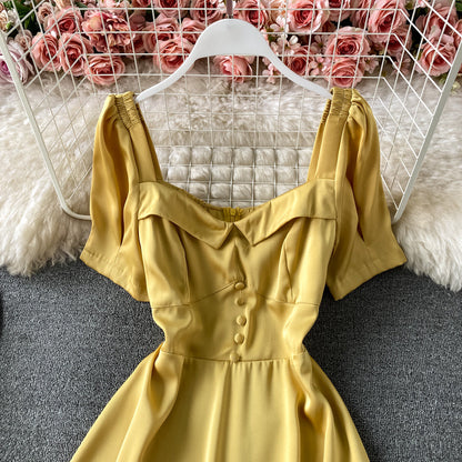 Slim waist, foreign style, bubble sleeve, square neck dress  3045