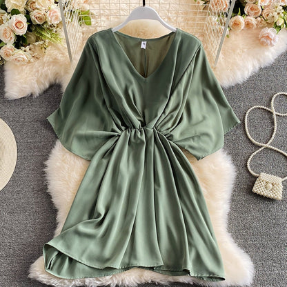 Versatile solid short skirt age reducing waist dress  3188