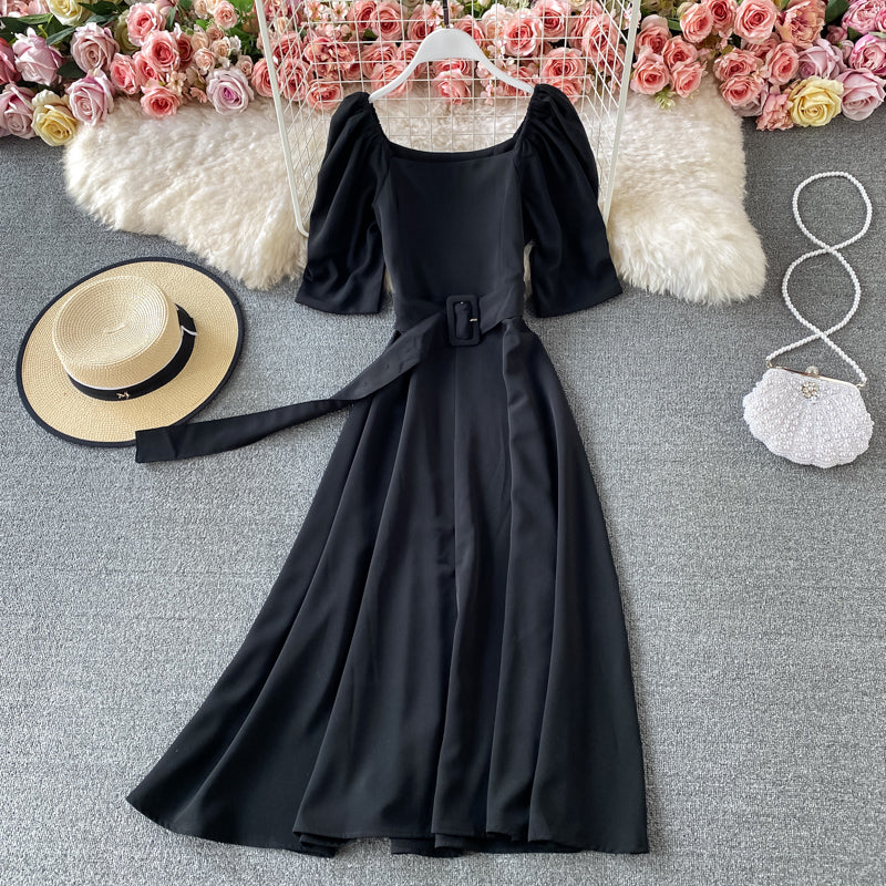 French square neck bubble sleeve lace up waist slim backless dress  3170