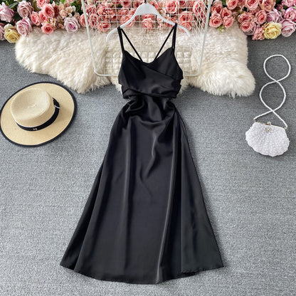 Open back strap waist V-neck suspender dress  3171