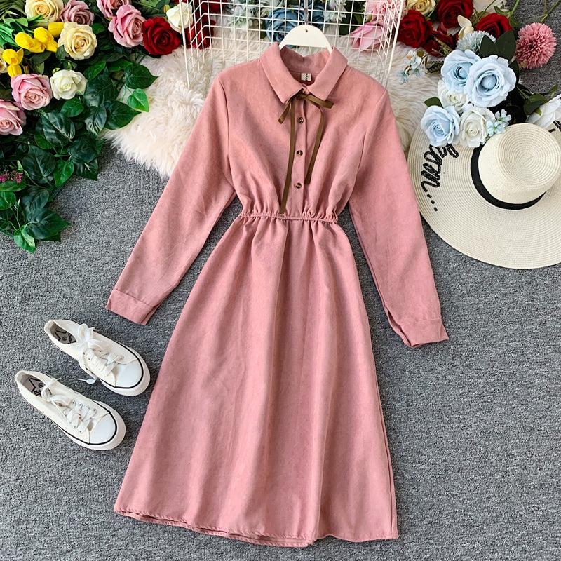 French retro super fairy waist skirt core velvet shirt dress  3401