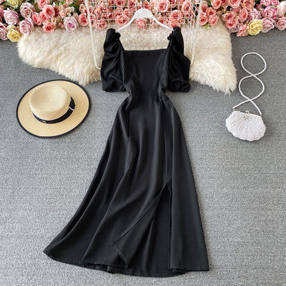 French retro square neck bubble sleeve waist slim dress  2940