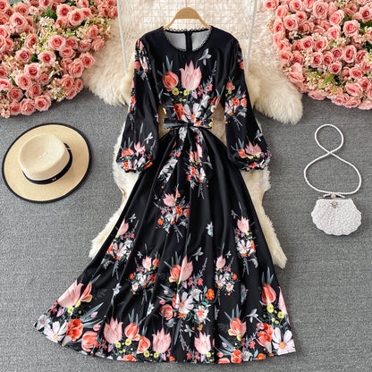 Court Style Vintage Lace Up waist slim print Crew Neck Dress  3211